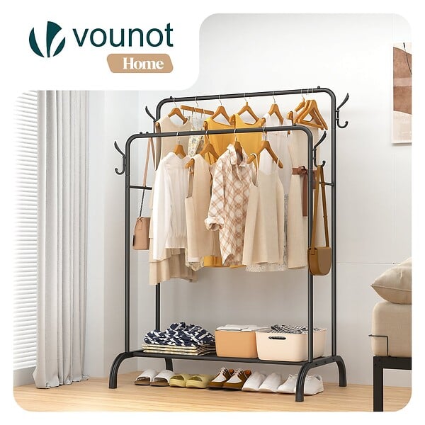 VOUNOT - Portant a Vetements Double avec etagere Chaussures 4 Crochets Lateraux 108x58x146cm metal Noir - large