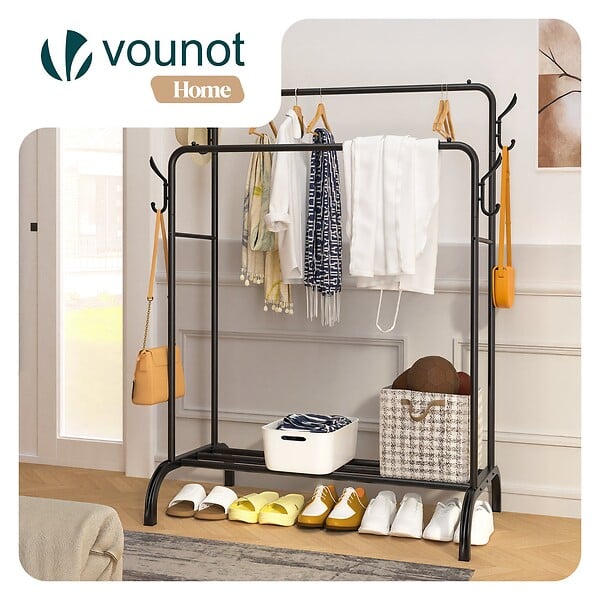 VOUNOT - Portant a Vetements Double avec etagere Chaussures 4 Crochets Lateraux 108x58x146cm metal Noir - large