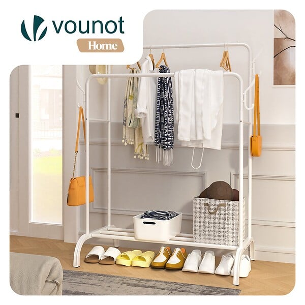 VOUNOT - Portant a Vetements Double avec etagere Chaussures 4 Crochets Lateraux 108x58x146cm metal Blanc - large