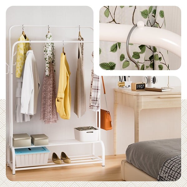 VOUNOT - Portant a vetement double avec 2 niveaux etageres chaussures 4 Crochets Lateraux 108x35x145cm metal Blanc - large