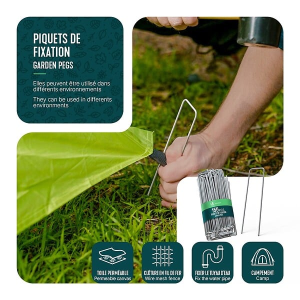 VOUNOT - Lot de 150 piquets de fixation pour jardin U 150x30mm en acier galvanise - large