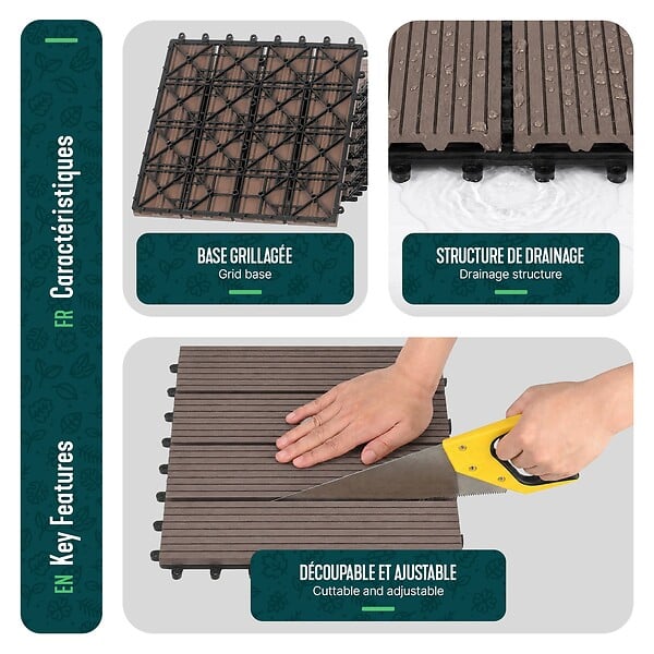 VOUNOT - Lot de 11 dalles clipsables exterieures 30x30cm en Composite WPC Marron - large
