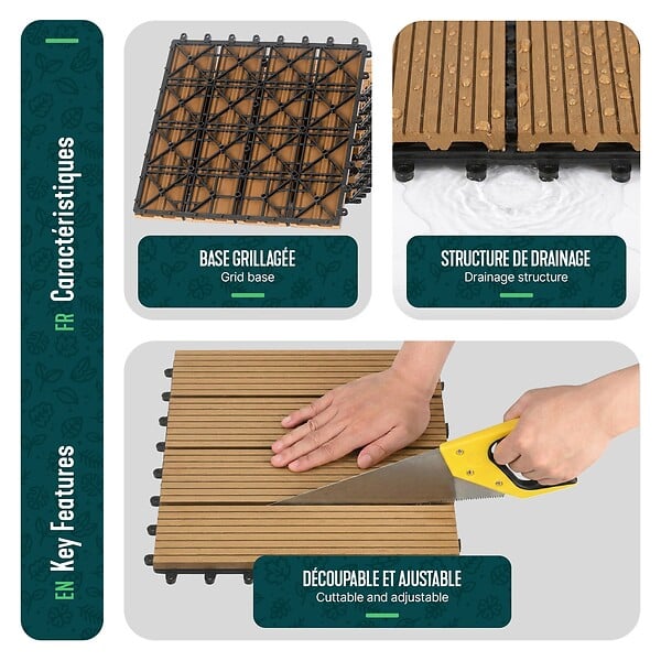 VOUNOT - Lot de 16 dalles clipsables exterieures 30x30cm en Composite WPC Couleur bois - large