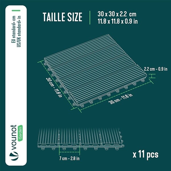 VOUNOT - Lot de 11 dalles clipsables exterieures 30x30cm en Composite WPC Gris - large