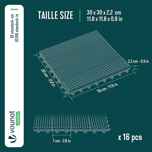 VOUNOT - Lot de 16 dalles clipsables exterieures 30x30cm en Composite WPC Gris - large