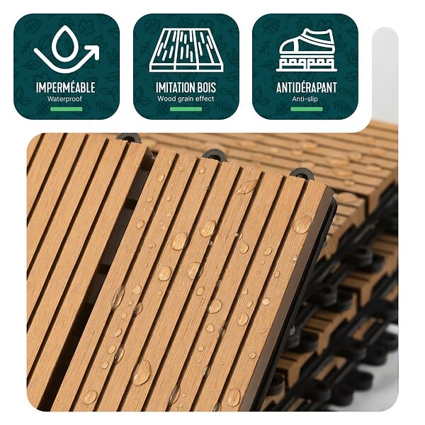VOUNOT - Lot de 11 dalles clipsables exterieures 30x30cm en Composite WPC Couleur bois - large
