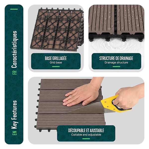 VOUNOT - Lot de 16 dalles clipsables exterieures 30x30cm en Composite WPC Marron - large