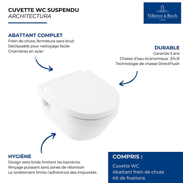 VILLEROY ET BOCH - WC suspendu sans bride  Architectura Directflush + abattant frein de chute - large