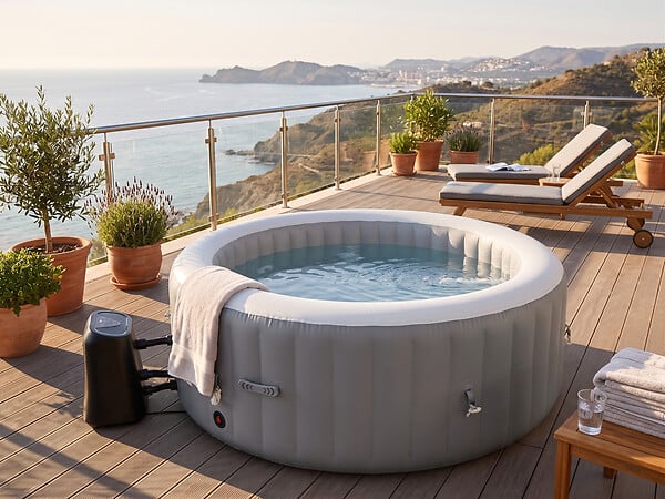 OSPAZIA - Spa gonflable 4 places - Forme ronde - SUNSHINE - Filtre et bâche inclus - Gris - large
