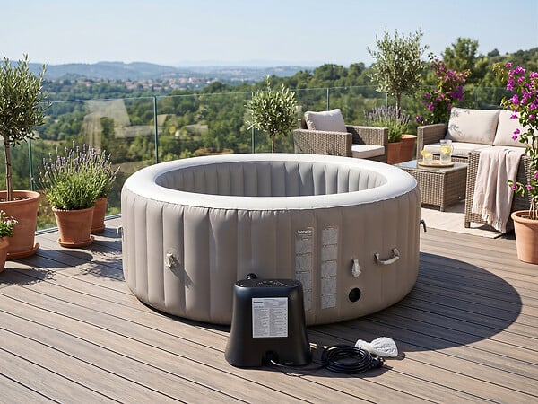 OSPAZIA - Spa gonflable 4 places - Forme ronde - SUNSHINE - Filtre et bâche inclus - Gris - large