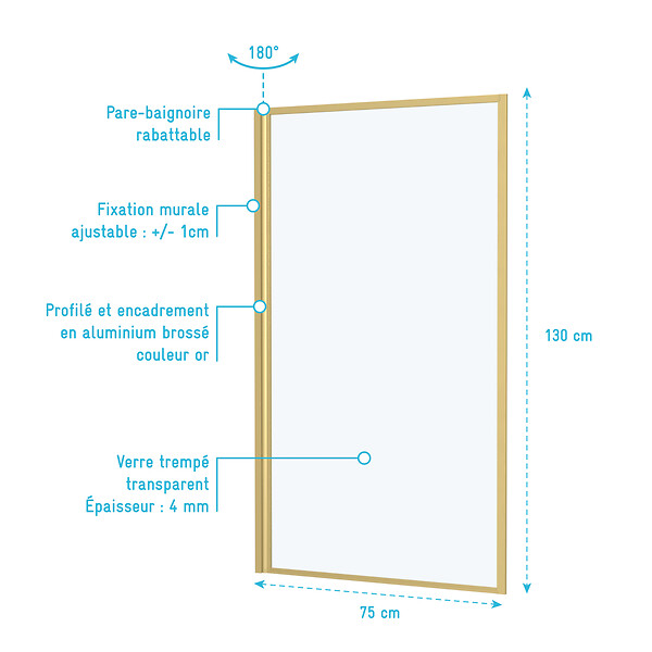 AURLANE - Pare baignoire rabattable 75x130cm - Finition Or Doré Brossé - GOLDY CONTOURING SCREEN - large