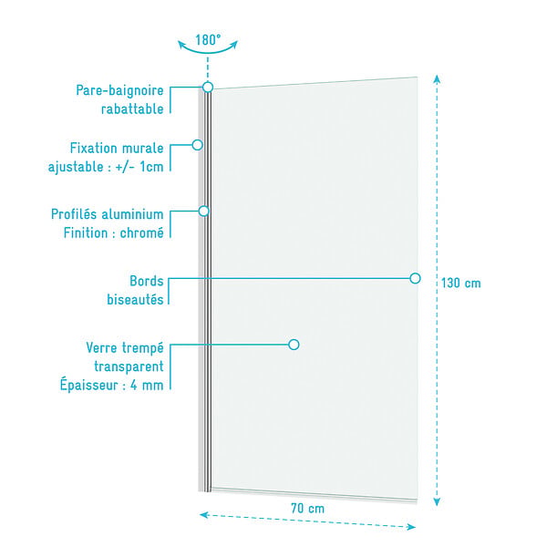 AURLANE - Pare baignoire Rabattable 70x130cm - Profilé Chromé - Verre Trempé 4mm - ELEMENTARY - large