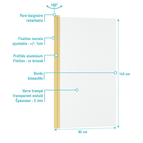 AURLANE - Pare baignoire Rabattable 80x140cm - Profilé Or Doré Brossé - Verre Trempé Ondulé 5mm - WAVY - large