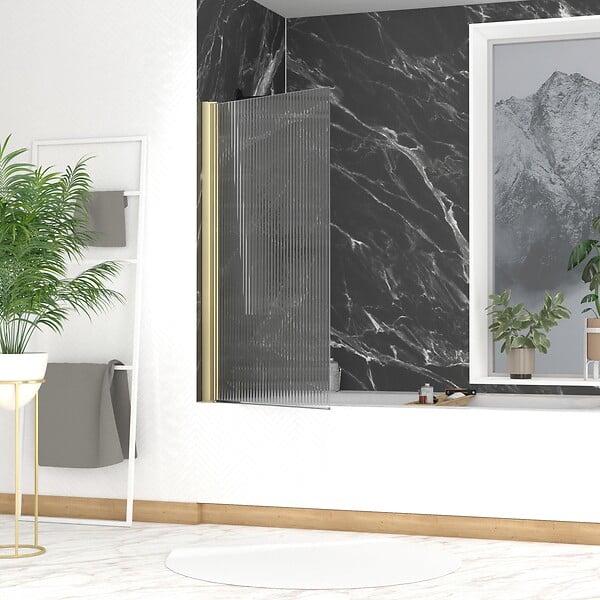 AURLANE - Pare baignoire Rabattable 80x140cm - Profilé Or Doré Brossé - Verre Trempé Ondulé 5mm - WAVY - large