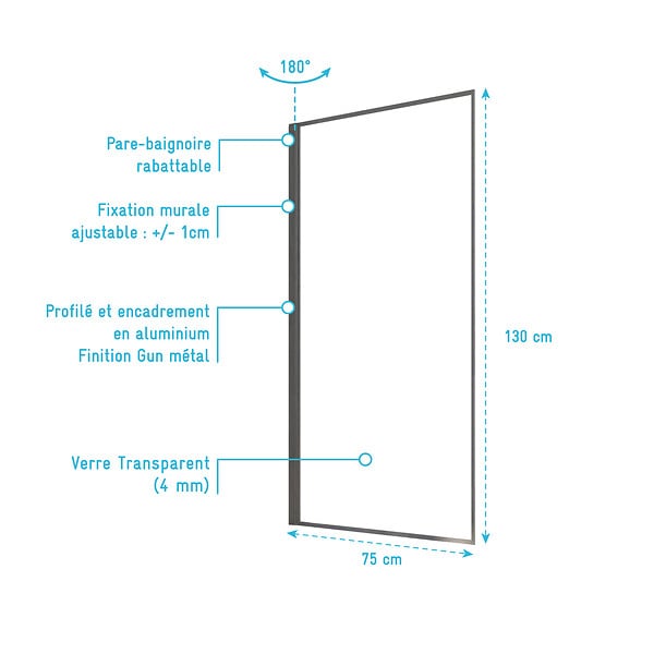 AURLANE - Pare Baignoire Rabattable 75x130 cm - Aluminium Gun Metal et Verre Trempé 4 mm - large