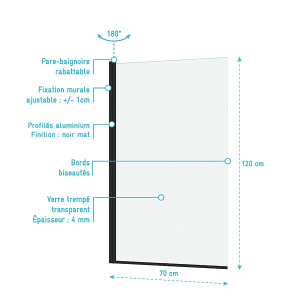 AURLANE - Pare baignoire Rabattable 70x120cm - Profilé Noir Mat - Verre Trempé 4mm - ELEMENTARY - large
