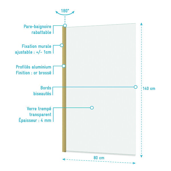 AURLANE - Pare baignoire Rabattable 80x140cm - Profilé Or Doré Brossé - Verre Trempé 4mm - ELEMENTARY - large