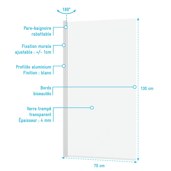 AURLANE - Pare baignoire Rabattable 70x130cm - Profilé Blanc Mat - Verre Trempé 4mm - ELEMENTARY - large
