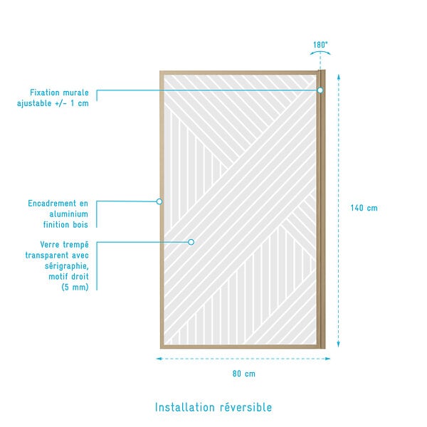 AURLANE - Pare baignoire pivotant 140x80 cm HINATA - style Japandi géométrique - Cadre effet bois - Verre 5 mm - large