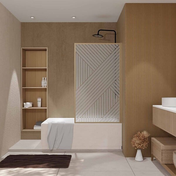 AURLANE - Pare baignoire pivotant 140x80 cm HINATA - style Japandi géométrique - Cadre effet bois - Verre 5 mm - large