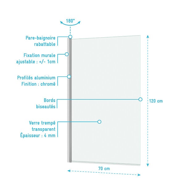 AURLANE - Pare baignoire Rabattable 70x120cm - Profilé Chromé - Verre Trempé 4mm - ELEMENTARY - large