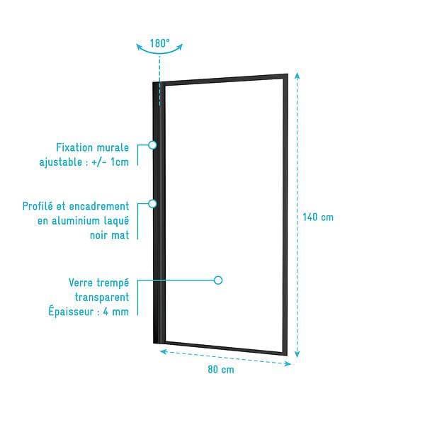 AURLANE - Pare baignoire rabattable 80x140cm - Finition Noir Mat - DARK CONTOURING SCREEN - large