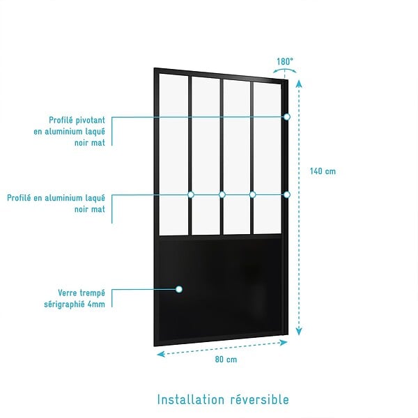 AURLANE - Pare Baignoire Pivotant 130x75cm Type Industriel - Profilé Noir Mat - Verre Trempé - GLASSY SCREEN - large