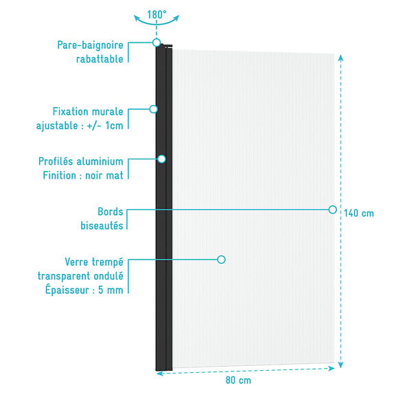 AURLANE - Pare baignoire Rabattable 80x140cm - Profilé Noir Mat - Verre Trempé Ondulé 5mm - WAVY - large