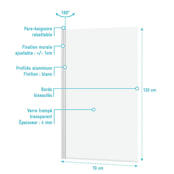AURLANE - Pare baignoire Rabattable 70x120cm - Profilé Blanc Mat - Verre Trempé 4mm - ELEMENTARY - large