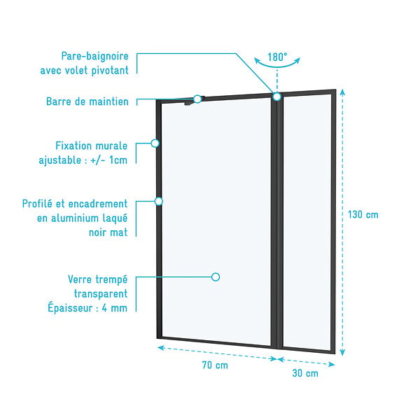 AURLANE - Pare baignoire avec Volet Pivotant 70+30x130cm - Finition Noir Mat - DARK CONTOURING SCREEN - large