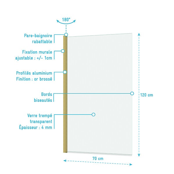 AURLANE - Pare baignoire Rabattable 70x120cm - Profilé finition Or Doré Brossé - Verre Trempé 4mm - ELEMENTARY - large
