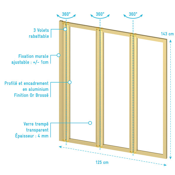 AURLANE - Pare baignoire Pivotant 3 Volets Or Brossé - 125x143 cm - Verre Trempé 4 mm - ZAGGY GOLD - large
