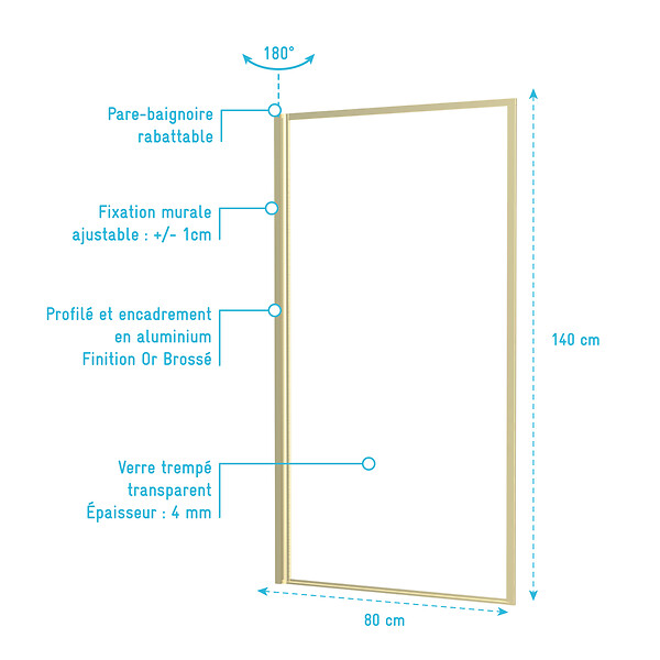 AURLANE - Pare baignoire rabattable 80x140cm - Finition Or Doré Brossé - GOLDY CONTOURING SCREEN - large
