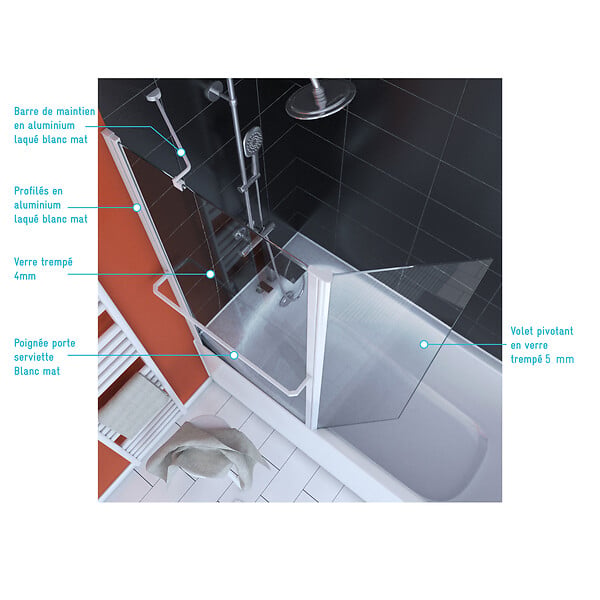 AURLANE - PARE BAIGNOIRE AVEC VOLET PIVOTANT 130x105cm PROFILE ALUMINIUM LAQUE BLANC ET VERRE TRANSPARENT - large