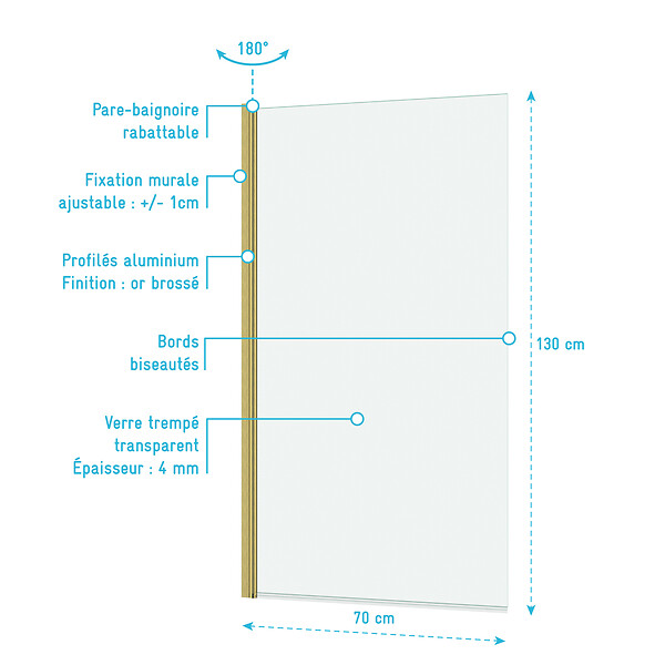 AURLANE - Pare baignoire Rabattable 70x130cm - Profilé finition Or Doré Brossé - Verre Trempé 4mm - ELEMENTARY - large