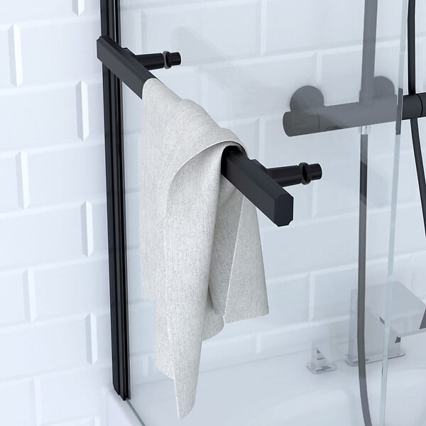 AURLANE - Pare baignoire Pivotant avec Porte-Serviette 85x150cm - Profilé Noir - Verre 6mm - TSHAPE DARK - large