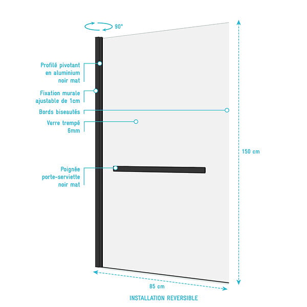 AURLANE - Pare baignoire Pivotant avec Porte-Serviette 85x150cm - Profilé Noir - Verre 6mm - TSHAPE DARK - large
