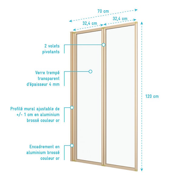AURLANE - Pare baignoire Pivotant 2 Volets Or Doré Brossé - Verre Trempé 4mm - DUPLO - large