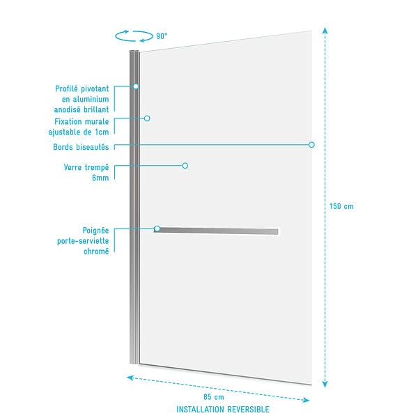 AURLANE - Pare baignoire Pivotant avec Porte-Serviette 85x150cm - Profilé Chrome - Verre 6mm - TSHAPE CHROMED - large