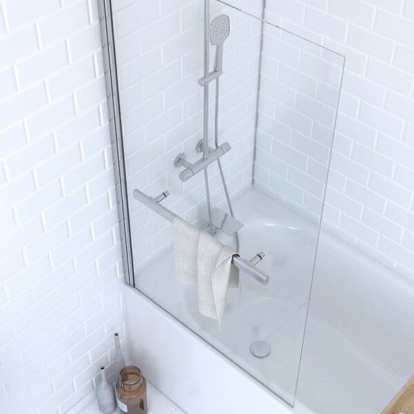 AURLANE - Pare baignoire Pivotant avec Porte-Serviette 85x150cm - Profilé Chrome - Verre 6mm - TSHAPE CHROMED - large