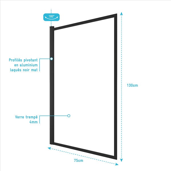 AURLANE - Pare baignoire rabattable 75x130cm - Finition Noir Mat - DARK CONTOURING SCREEN - large