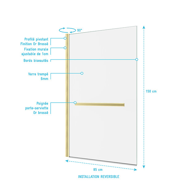 AURLANE - Pare baignoire Pivotant avec Porte-Serviette 85x150cm - Or Doré Brossé - Verre 6mm - TSHAPE GOLDY - large