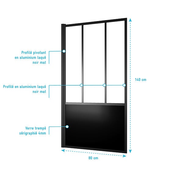 AURLANE - Pare Baignoire Pivotant 140x80cm Type Industriel - Profilé Noir Mat - Verre Trempé - GLASSY SCREEN - large
