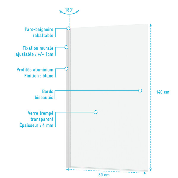 AURLANE - Pare baignoire Rabattable 80x140cm - Profilé Blanc Mat - Verre Trempé 4mm - ELEMENTARY - large