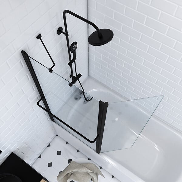 AURLANE - PARE BAIGNOIRE AVEC VOLET PIVOTANT 130x105cm PROFILE ALUMINIUM NOIR MAT ET VERRE TRANSPARENT - large