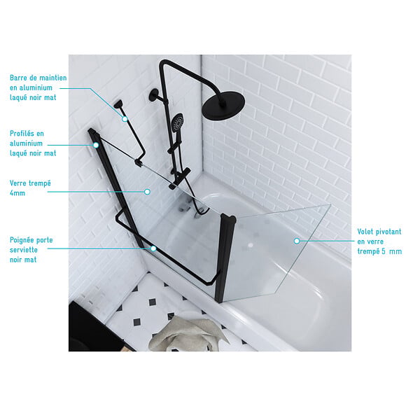 AURLANE - PARE BAIGNOIRE AVEC VOLET PIVOTANT 130x105cm PROFILE ALUMINIUM NOIR MAT ET VERRE TRANSPARENT - large