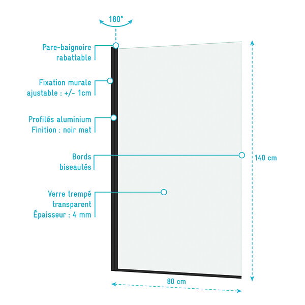 AURLANE - Pare baignoire Rabattable 80x140cm - Profilé Noir Mat - Verre Trempé 4mm - ELEMENTARY - large