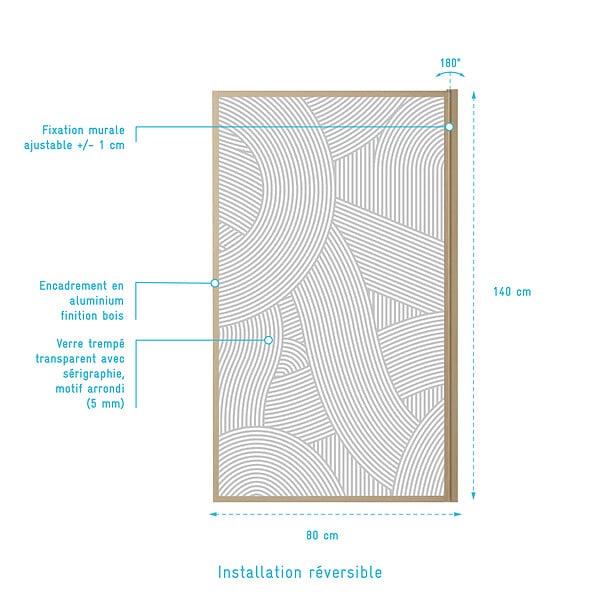 AURLANE - Pare baignoire pivotant 140x80 cm HINATA - style Japandi courbes douces Cadre effet bois - Verre 5mm - large