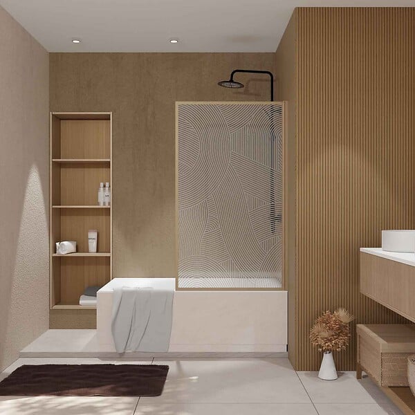 AURLANE - Pare baignoire pivotant 140x80 cm HINATA - style Japandi courbes douces Cadre effet bois - Verre 5mm - large