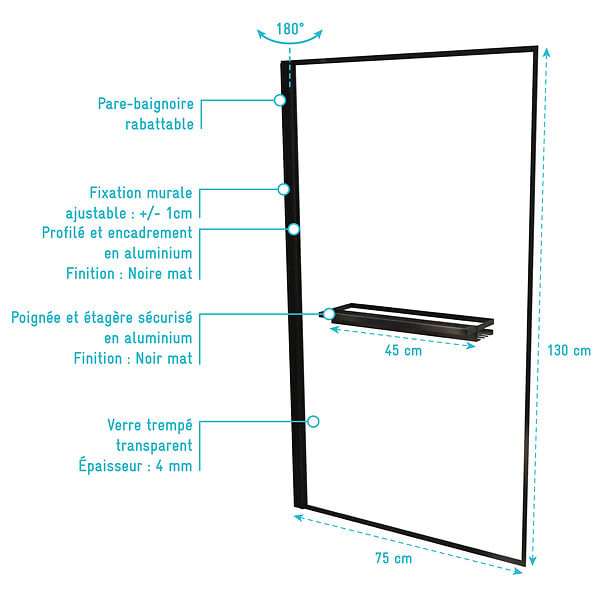 AURLANE - Pare baignoire Rabattable 75x130 cm en Verre Trempé - Porte-Serviette et Etagère Noir Mat - large
